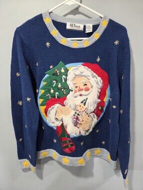Vintage All Points Embroidered Santa Sweater Medium Christmas